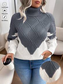Elenzga Plus Size Color Block Patchwork Turtleneck Sweater, Casual Design For Autumn And Winter Knit Pullover Fall - Dark Grey - View 1