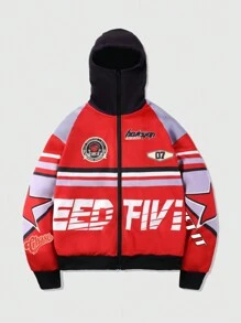 ROMWE MEN Street Life Men's Racing Letter Print Long Sleeve Hooded Cropped Zip-Up Sweatshirt, Street Style - Red - View 1