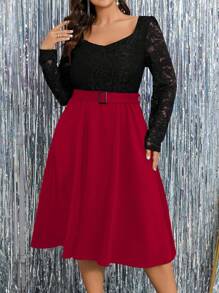 SHEIN Clasi Vestido largo de fiesta de línea A con estética ajustada, de manga larga, cuello cuadrado y encaje para mujeres de talla grande, para otoño/invierno