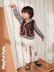 SHEIN 3 件套年轻男孩套装无袖背心和 T 恤和运动裤套装可爱/复古/休闲/家居/郊游冬季/秋季服装小男孩衣服/小男孩秋装 - 彩色 - 查看 5