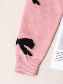 Tween Girl Bowknot Sweater, Adorable Black Bow Knitted Pullover, Loose Fitting Round Neck Jumper - Pink - View 3