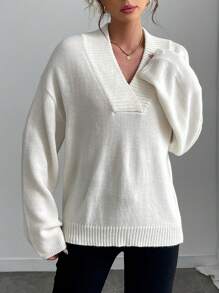 SHEIN LUNE 1 Stück Damen Weiß Lässig V-Ausschnitt Wollpullover, geeignet für Herbst/Winter