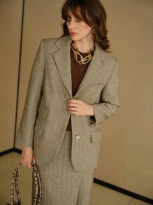 MOTF STUDIO HERRINGBONE PATTERN LAPEL COLLAR FLAP DETAIL BLAZER - Olive Green - View 6