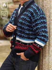 Manfinity Homme Men Casual Contrast Stripe Pattern Drop Shoulder Loose Button Up Cardigan - Multicolor - View 3