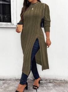 Elenzga Plus Size Solid Color Long Slit Side Casual Sweater, Autumn/Winter Knit Pullover Fall - Army Green - View 3