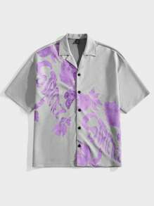 Manfinity NXTstreet Men's Casual Loose Floral Print Short Sleeve Button Up Shirts, Fashionable For Daily Wear, For Friends - Dark Grey - View 2