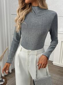 SHEIN Clasi Blusa casual con mangas largas y cuello con recorte de bloqueo de color, para uso diario