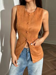 SHEIN EZwear Women Single-Breasted Plain Vest Jacket, Autumn - Brown - View 5