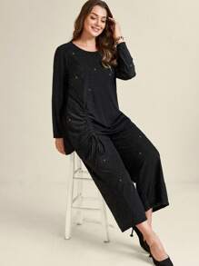 EMERY ROSE Plus Size Solid Color Drawstring Waist Long Sleeve Top And Pants 2 Pieces Set, Elegant - Black - View 3