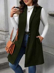 SHEIN LUNE Plus Size Solid Color Front Button Sleeveless Notched Collar Pocket Minimalist Casual Overcoat, Winter