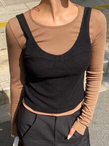 DAZY 2件套女士撞色修身圆领长袖T恤，秋季女士家居服套装 - 棕色 - 查看 9