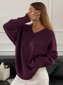 DAZY Women's Solid Color V-Neck Long Sleeve Casual Loose Knit Sweater,Fall Clothes - Red Violet - View 7