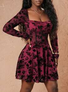 Slaydiva Sexy & Elegant V-Neck, Mesh & Flocked Trim, Long Sleeve A-Line Mini Dress, Red - For Valentine's Day - Black - View 1