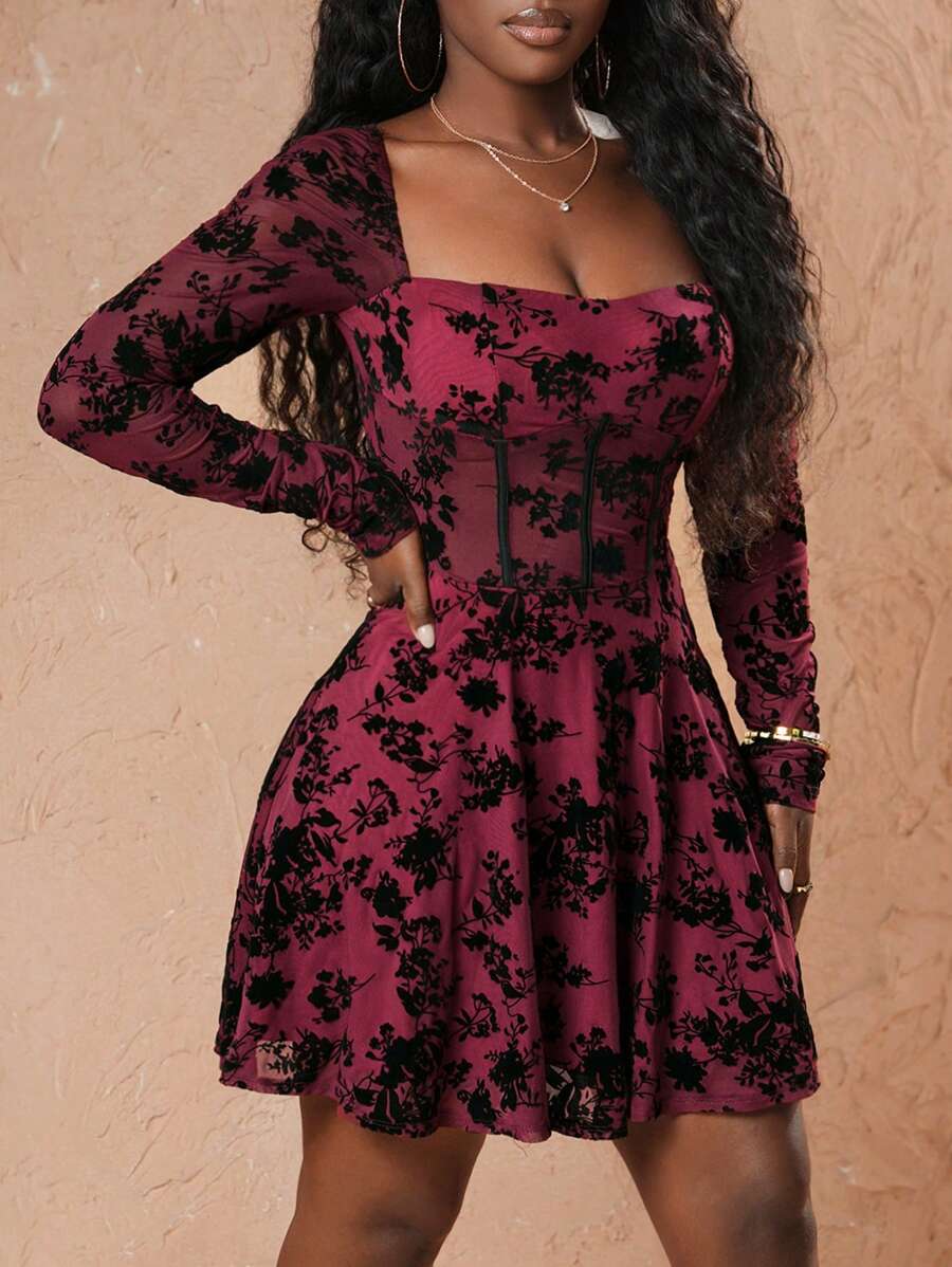 Slaydiva Sexy & Elegant V-Neck, Mesh & Flocked Trim, Long Sleeve A-Line Mini Dress, Red - For Valentine's Day - Black - View 1