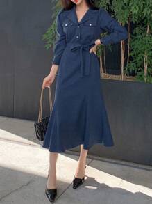 DAZY 女式牛仔鱼尾紧身连衣裙（配领带）秋季服装 - 藍色 - 查看 4