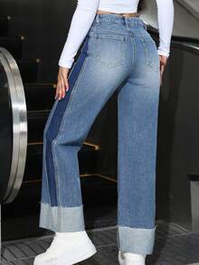 女式中腰街头风格复古时尚卷边牛仔裤