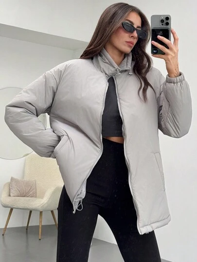 Aloruh 防风加厚连帽夹克，简约灰色拉链长外套，适合户外滑雪、约会和度假，秋冬季