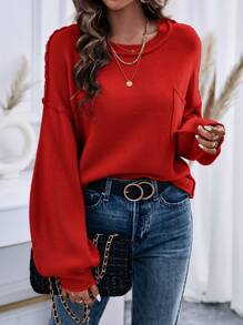 SHEIN Unity Women Solid Color Pocket Round Neck Drop Shoulder Long Sleeve Casual Sweater, Autumn/Winter For New Year Knit Pullover Fall - Red - View 4