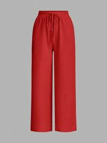 SHEIN Essnce 3条装夏季裤子女士纯色腰系带阔腿宽松休闲裤 - 紅色 - 查看 6