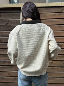 DAZY Women's Contrast Trim Ribbed Loose Polo Neck Long Sleeve Sweater Fall - Grey - View 3