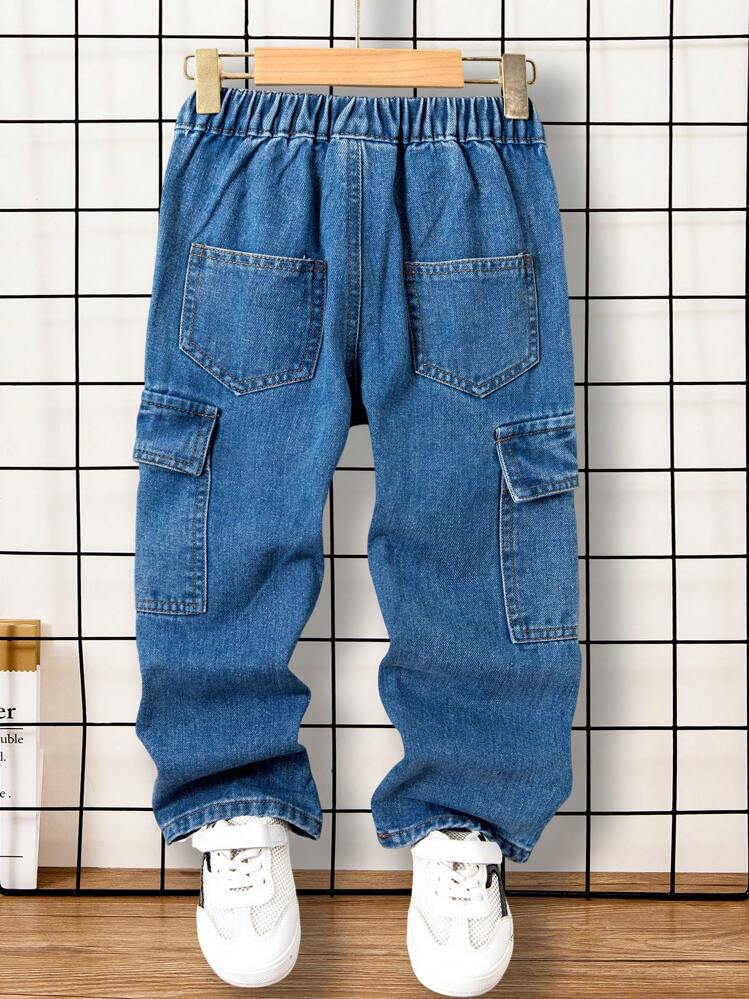 SHEIN Young Boy Flap Pocket Side Cargo Jeans, School, Campus