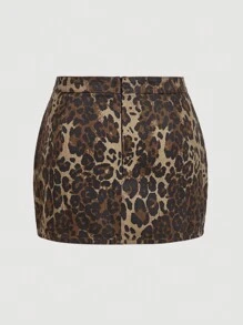 SHEIN MOD Jeans-Minirock in Große Größen, taillierte Linie mit V-förmigem Leopardenmuster, Lässig
