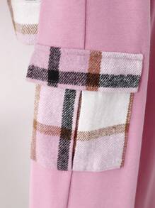 SHEIN 2pcs/Set Tween Girl Loose Knitted Patchwork Plaid Hoodie With Relaxed Hem Sweatpants Set - Pink - View 6