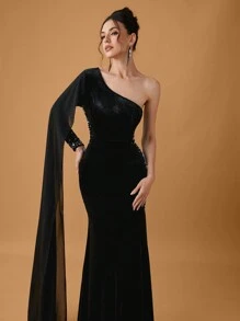 SHEIN Belle Plus Size Women's Elegant Knitted Black Velvet Splicing Beaded Waist Fitted Formal Evening Dress Gown, Long Sleeve Prom Dress, For Wedding Guest, Graduation, Dinner - Black - View 6