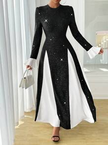Calvaya Women's Elegant Glitter Splice Hem & Cuff Long Sleeve A-Line Dress, Autumn/Winter Maxi Women Outfit