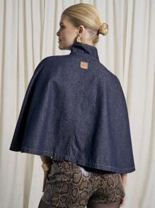 AiiRZ Designer Cape Style Denim Jacket Button Front Stand Collar Cropped Length Fall Winter Fashion Statement Piece Outerwear - Blue - View 2