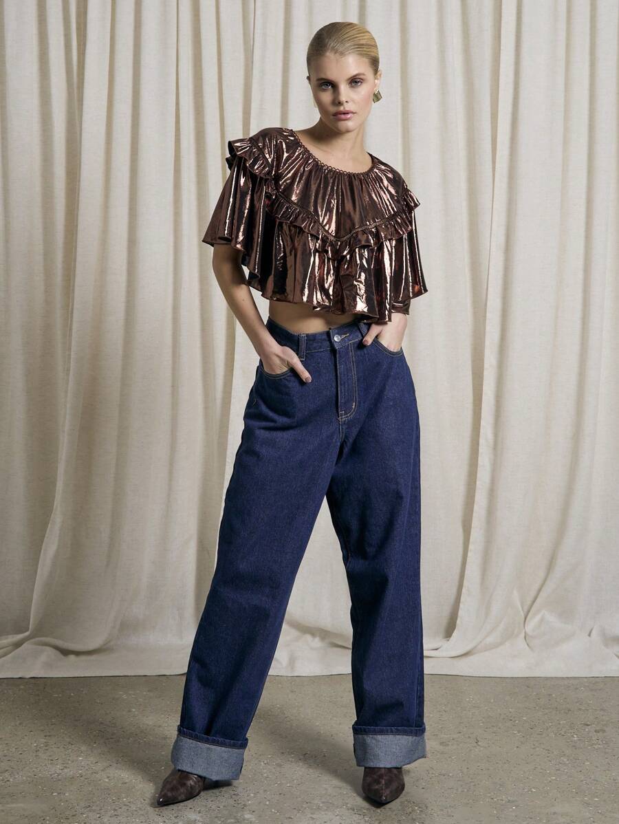 AiiRZ Blusa con volantes de cuello recogido, hombros anchos, espalda descubierta y diseño de capa con volantes en tono bronce metálico para fiestas, festivales y eventos - Multicolor - Ver 1