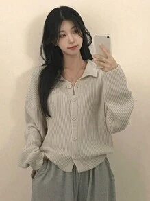 DAZY Áo len cardigan dáng rộng, ngắn, đơn giản, cơ bản, dành cho nữ, quần áo mùa thu - Màu be - Xem 1