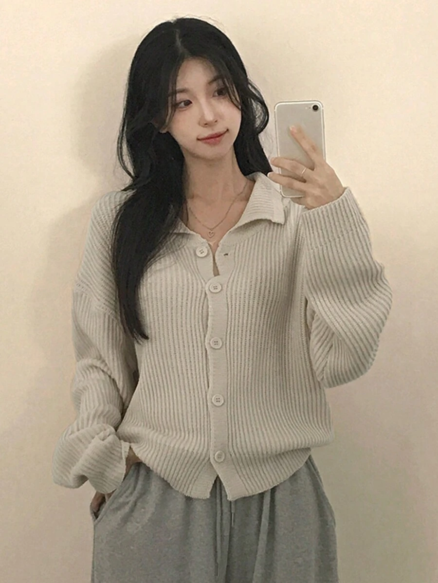 DAZY Áo len cardigan dáng rộng, ngắn, đơn giản, cơ bản, dành cho nữ, quần áo mùa thu - Màu be - Xem 1