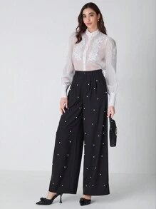 Enchnt Blusa elegante de manga larga con encaje y malla con estampado floral, para otoño