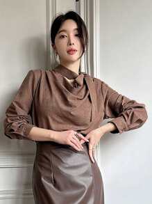 DAZY Solid Color Loose Flared Collar Long Sleeve Shirt For Women,Fall Clothes