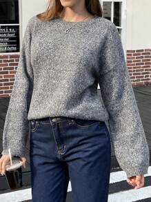 INAWLY 1 chiếc áo len nữ màu trơn cổ tròn, tay dài, dáng rộng, thích hợp mặc mùa thu/đông. - Xám - Xem 5