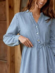 LanaWest 女式休闲破洞领牛仔连衣裙，秋季 - 淺色水洗藍 - 查看 6