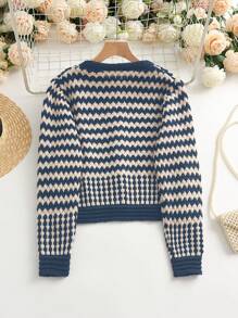 Chiquease Cárdigan de cuello redondo casual con bloques de color y rayas, para otoño/invierno