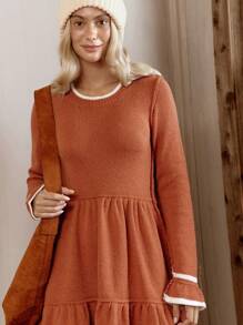 LanaWest Women Contrast Color Crew Neck Long Sleeve Sweater Dress, Autumn/Winter , Fall - Brown - View 3