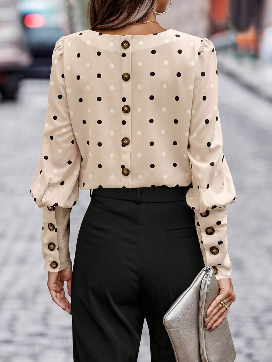 EMERY ROSE 1 chiếc áo cánh tay bồng in họa tiết chấm bi thanh lịch cho nữ, mùa thu - Màu be - Xem 1
