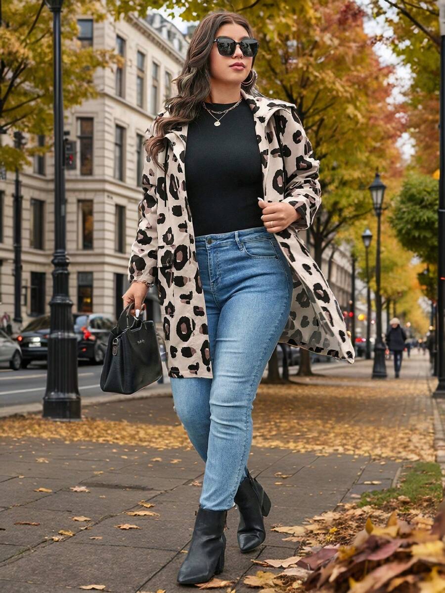 SHEIN LUNE Plus Size Women Leopard Print Hooded Mid-Long Casual Coat, Jesień/Zima Holiday Outfit Thermal - Wielokolorowe - Zobacz 1