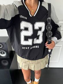 SHEIN EZwear 1pc Women Letter Print Contrast Color V-Neck Pullover Sweatshirt