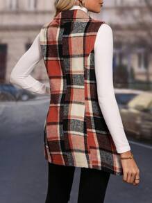 SHEIN PETITE Áo khoác vest thắt eo kẻ sọc giản dị dành cho nữ (In ngẫu nhiên) - Cà phê nâu - Xem 2