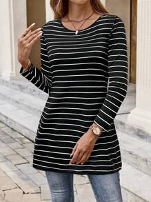 EMERY ROSE Women Autumn Casual Striped Long Sleeve T-Shirt - Black - View 6