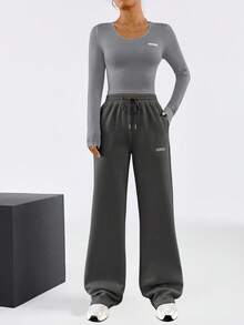 SHEIN Bộ 2 món/Bộ áo dài tay in chữ thể thao thường ngày cho bé gái tuổi teen và quần ống rộng, trang phục màu xám cho mùa thu - Xám - Xem 8