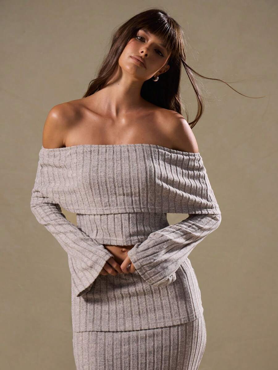 MUSERA 罗纹露肩长袖上衣，休闲夏季春季复活节 - 杏色 - 查看 1