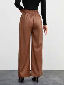 SHEIN Cottnline WOMAN BROWN LEATHER PANTS WITH BUTTONS - Brown - View 2
