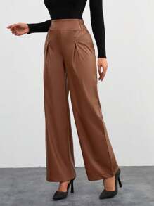SHEIN Cottnline WOMAN BROWN LEATHER PANTS WITH BUTTONS - Brown - View 6