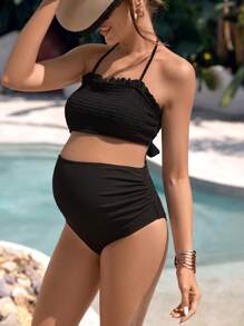 SHEIN 孕妇纯色吊带露背泳衣上衣夏季 - 黑色 - 查看 3