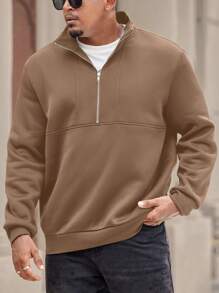 Manfinity Homme Plus Size Men's Solid Color Front Zip Up Relaxed Fit Sweatshirt, Casual - Khaki - View 6